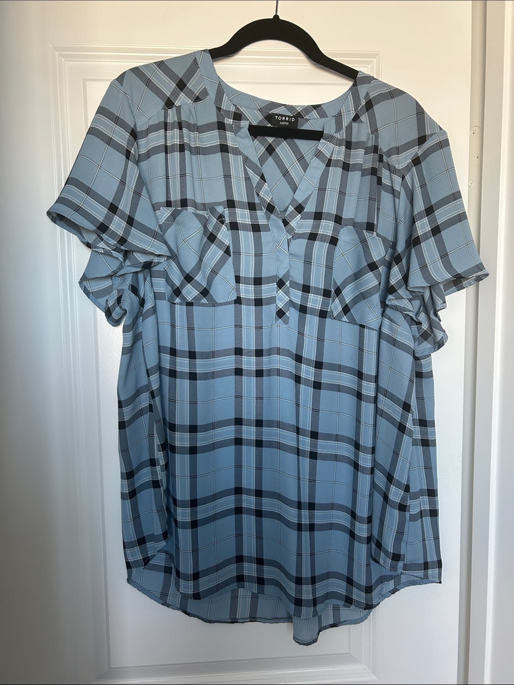 torrid Blue Plaid Ruffle Sleeve V-Neck Blouse